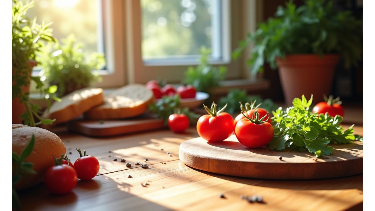 A warm, inviting home kitchen scene with fresh ingredients on a wooden countertop, bathed in natural light.