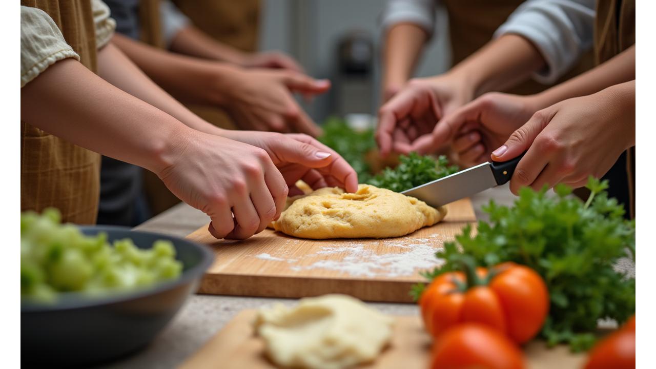 Diverse hands from different generations chopping vegetables, mixing dough, and sharing kitchen tasks, symbolizing community and inclusive cooking.