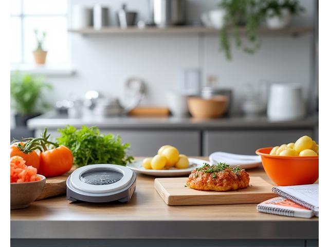 A clean, professional kitchen setting with chefs meticulously testing a recipe, weighing ingredients and taking notes.