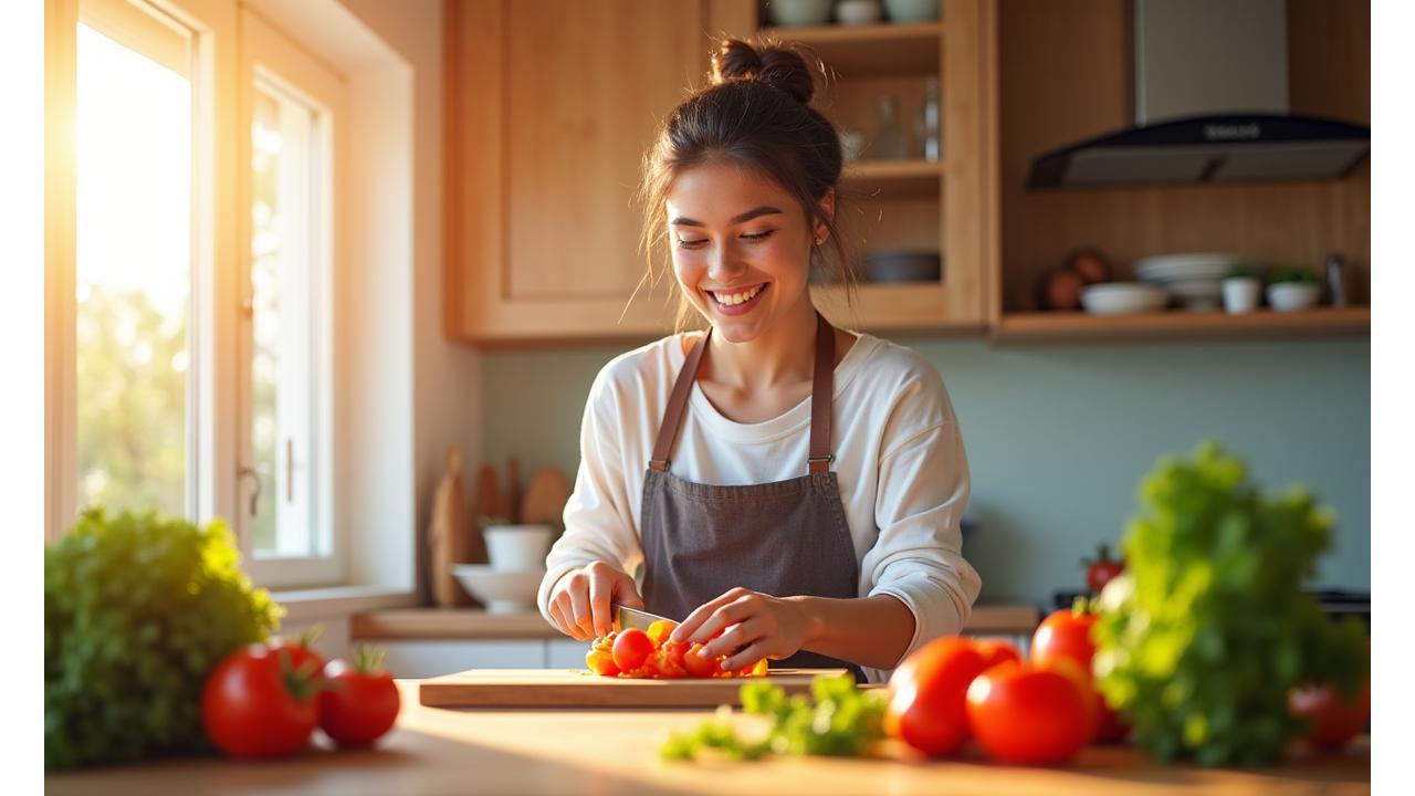 Smiling person confidently chopping vegetables in a bright kitchen, embodying the joy of learning to cook with Recipe Hive's guidance.