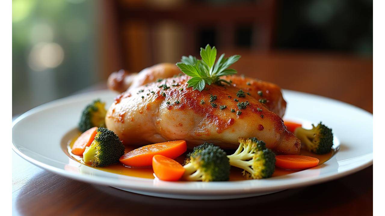 A vibrant plate of perfectly cooked lemon herb roasted chicken with roasted vegetables, looking appealing and achievable for a beginner.