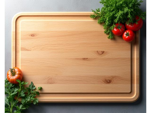 A durable, large cutting board made of natural wood, with a few fresh vegetables on it.