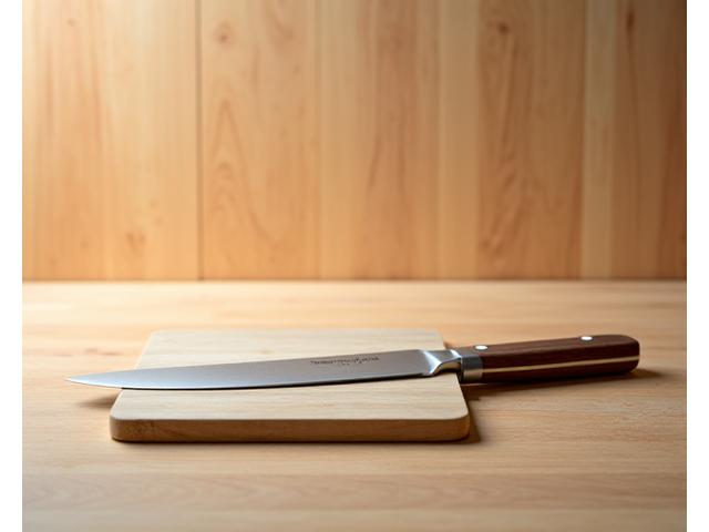 A quality chef's knife resting on a wooden cutting board, ready for use.