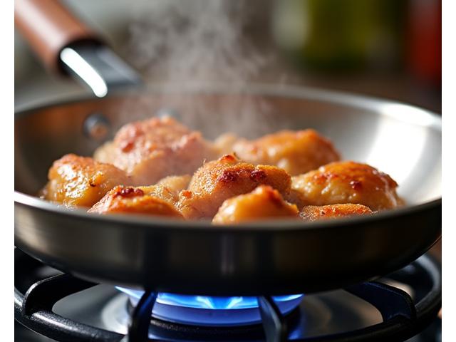 A close-up shot of a frying pan on a stovetop, with steam rising from food, illustrating heat control and searing.