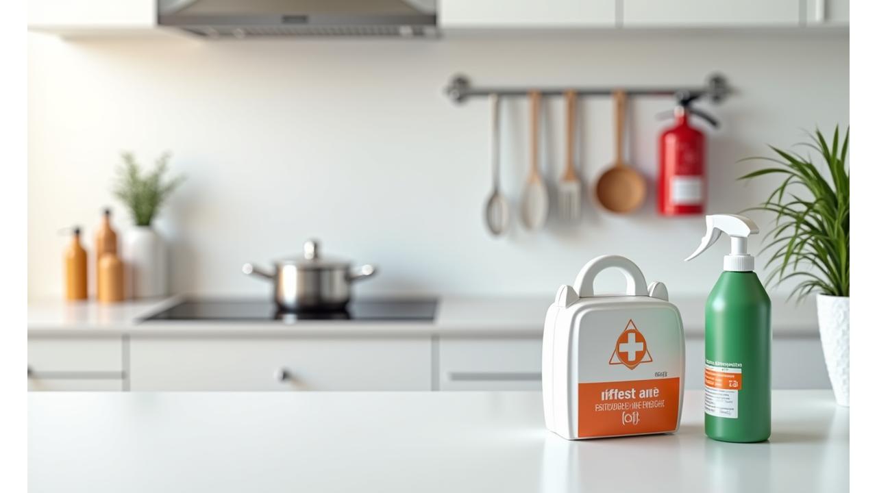 A clean, organized kitchen counter with an open first-aid kit and fire extinguisher visible, symbolizing kitchen safety preparedness.