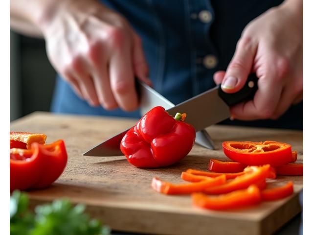 A chef's hands demonstrating proper knife grip and vegetable chopping technique on a wooden cutting board.