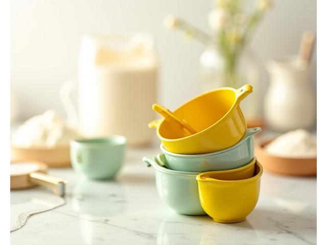 A set of colorful measuring cups and spoons neatly arranged on a kitchen counter.
