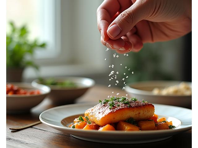 A hand sprinkling salt over a dish, with various herbs and spices in the background, showing proper seasoning.
