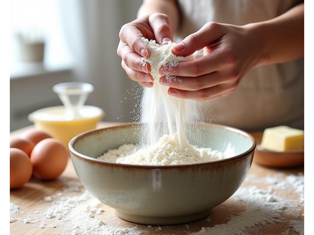 Hands carefully sifting flour into a bowl with other baking ingredients, emphasizing precision and the start of a baking process.