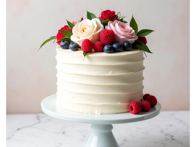 A beautifully decorated three-layer cake with smooth frosting, adorned with fresh flowers and berries, presented elegantly.