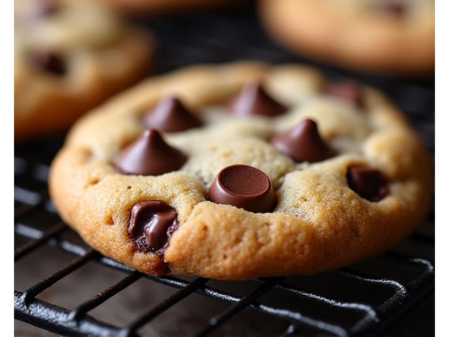 A close-up of a warm, gooey chocolate chip cookie with perfectly melted chocolate chips.