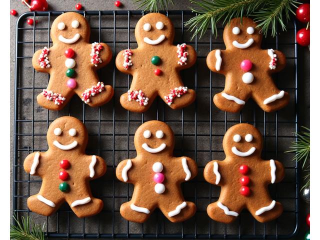 Festively decorated gingerbread men cookies on a cooling rack, with icing details and sprinkle accents.