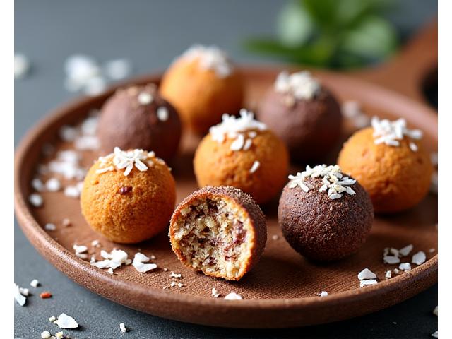 A plate of colorful, healthy energy balls made with oats, nuts, and dried fruit, dusted with coconut flakes and cocoa.