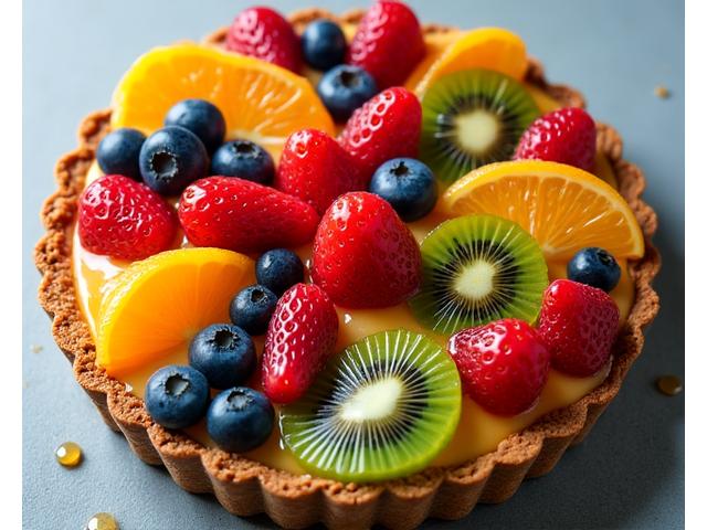 A colorful fruit tart with a whole wheat crust, topped with fresh berries, kiwi, and glazed with a light, natural syrup.
