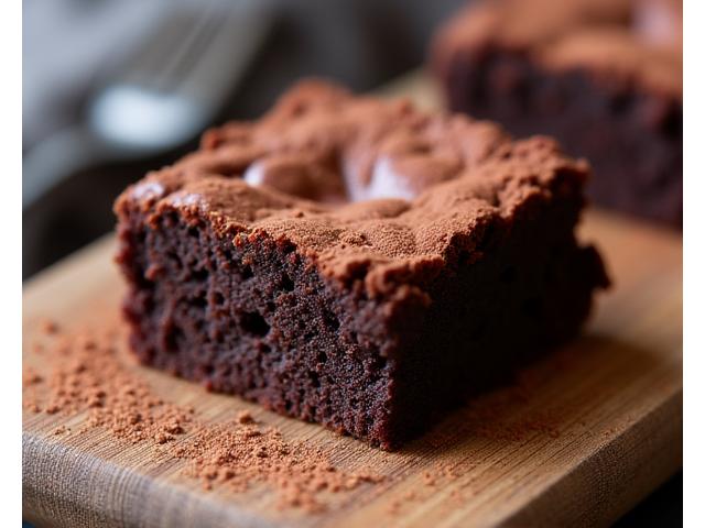 Rich, fudgy gluten-free brownies with a crinkly top, dusted lightly with cocoa powder on a wooden board.