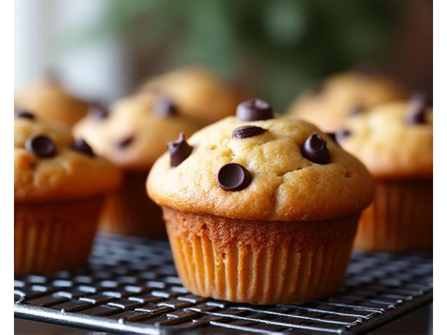 Fluffy, golden-brown protein muffins with chocolate chips, cooling on a wire rack, indicating healthy baking.