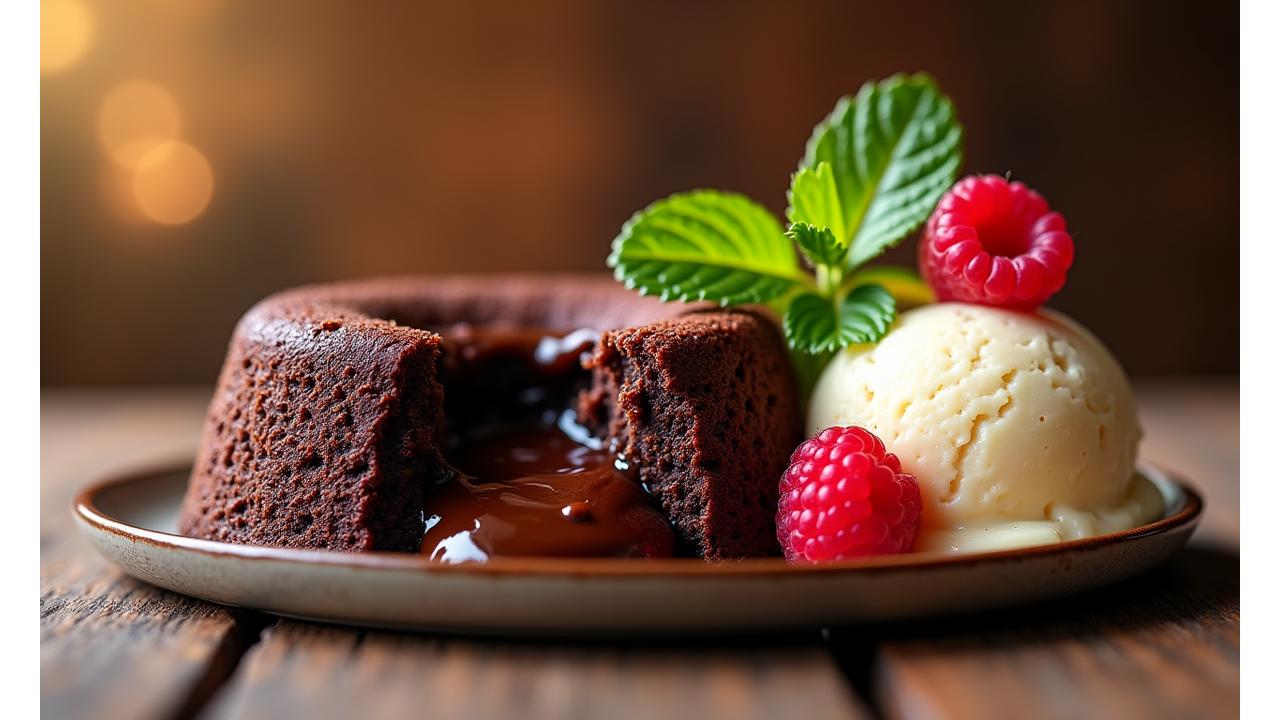 A decadent chocolate lava cake with a scoop of vanilla bean ice cream and fresh berries, perfectly glazed in a warm, inviting kitchen setting.