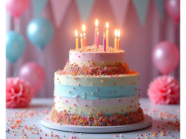 A vibrant multi-tiered birthday cake covered in colorful sprinkles and candles, ready for a celebration.