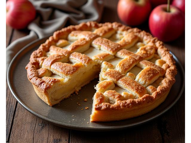 A warm, rustic apple pie with a flaky golden crust, steam rising, suggesting comfort and home-baked goodness.