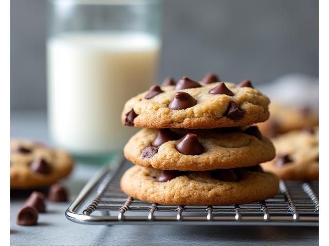 A stack of freshly baked chocolate chip cookies on a cooling rack, looking chewy and melty, with a glass of milk beside them.