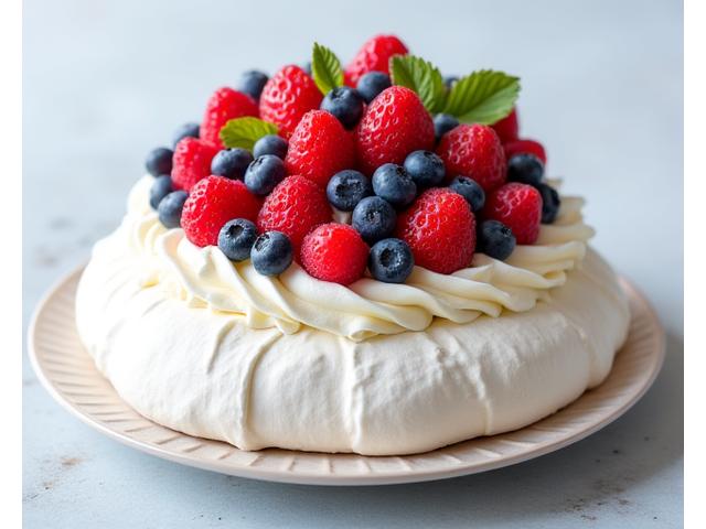 A beautiful pavlova topped with an abundance of colorful fresh summer berries and whipped cream, light and airy.