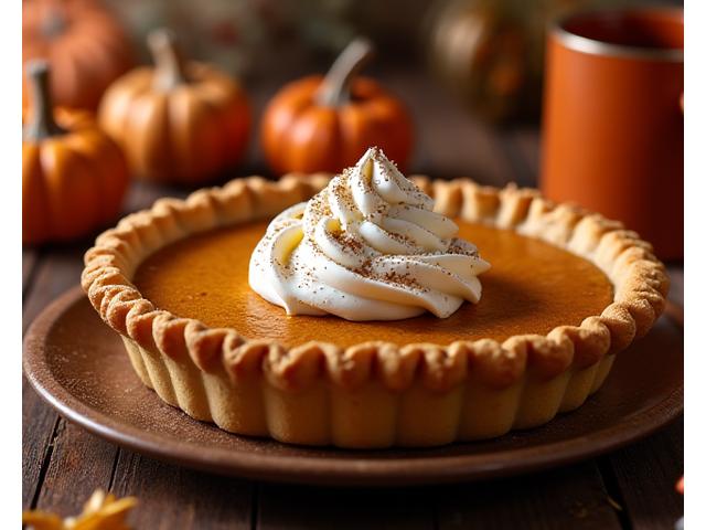 A warm, spiced pumpkin pie with a golden-brown crust, garnished with whipped cream and a sprinkle of cinnamon, cozy autumn colors.
