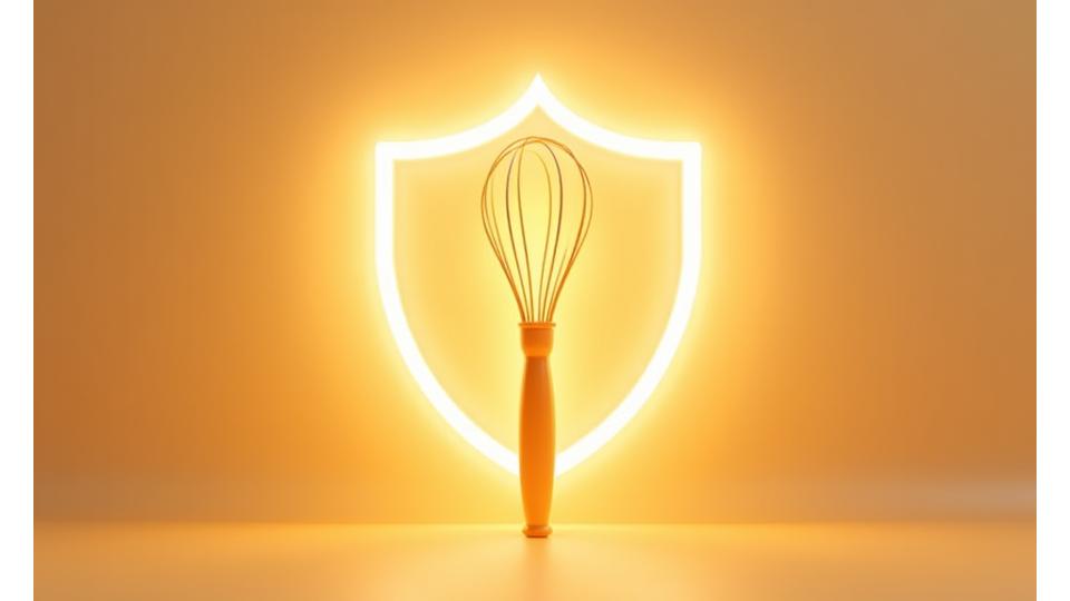 A stylized shield icon composed of cooking utensils and ingredients, representing legal protection and compliance on Recipe Hive.