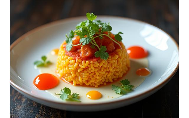 A beautifully plated fusion dish, perhaps sushi tacos or a curry pasta, showing innovative culinary creativity.