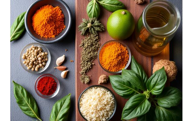 Various fresh spices and herbs, some common and some exotic, demonstrating variety and accessibility.