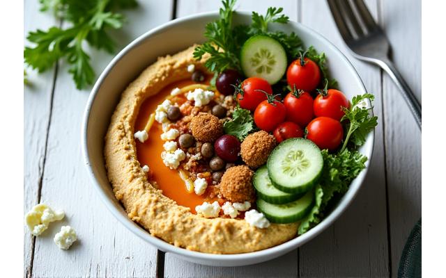 A brightly lit, healthy Mediterranean-inspired bowl with hummus, falafel, cucumber, tomatoes, and olives.