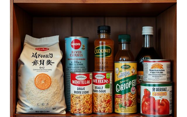 A well-stocked pantry shelf with international cooking staples like rice, noodles, olive oil, soy sauce, and canned goods.