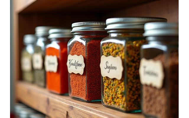 An organized spice rack filled with various colorful spices and herbs in neat jars.