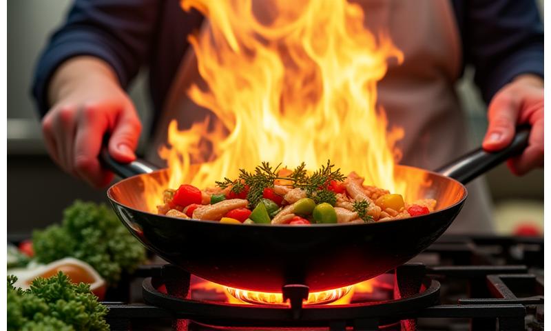 A chef demonstrating a quick stir-fry technique in a wok, with vibrant vegetables and steam rising.