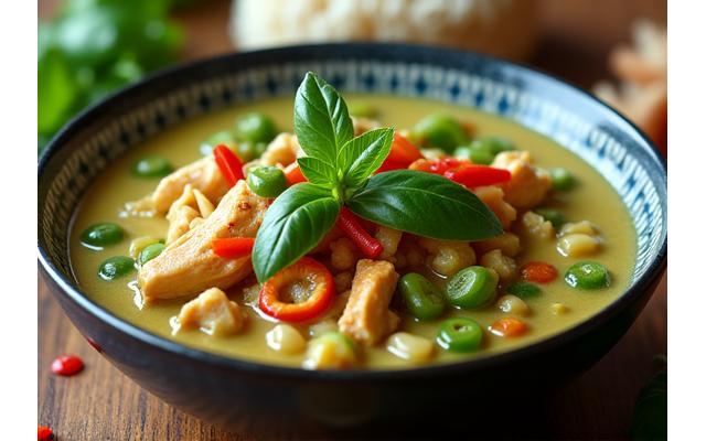 A steaming bowl of vibrant green Thai curry with chicken, basil, and red chilies, served with jasmine rice.
