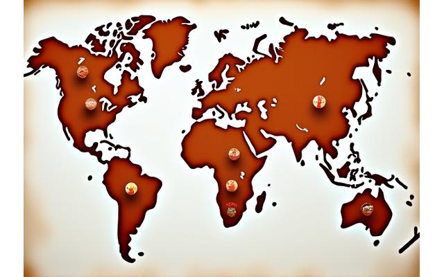 Stylized world map with pins on diverse culinary regions like Italy, Japan, Mexico, India, and Morocco.