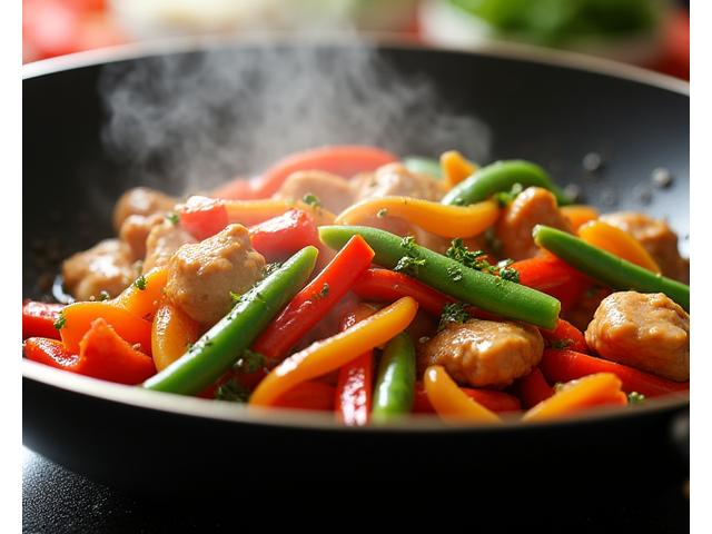 Chicken and colorful mixed vegetables stir-fried in a wok.