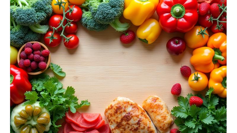 A vibrant spread of fresh, colorful vegetables, fruits, and lean proteins arranged artfully on a light wooden table, suggesting healthy and delicious meal preparation.