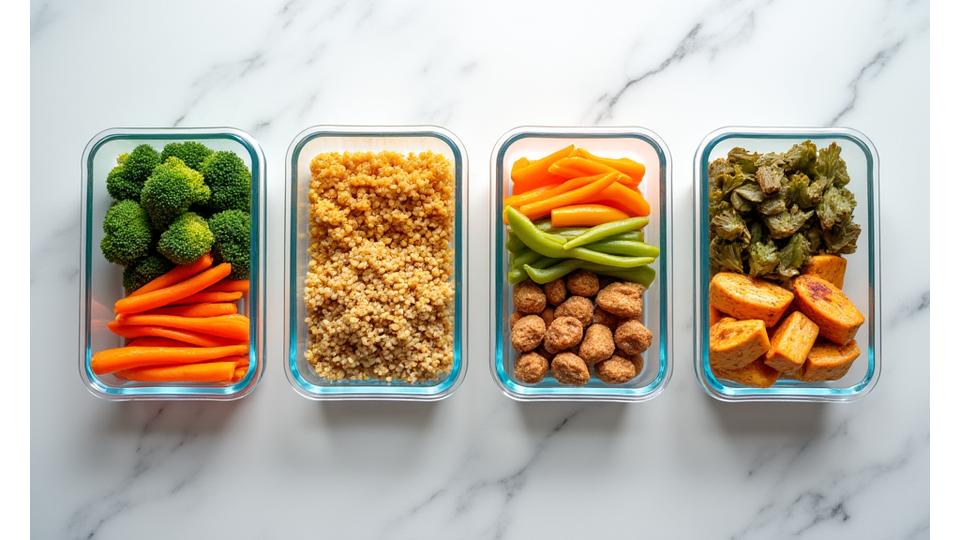 An overhead shot of five prepped healthy meal containers for the week, neatly organized with colorful, balanced ingredients like quinoa, grilled chicken, and various vegetables.