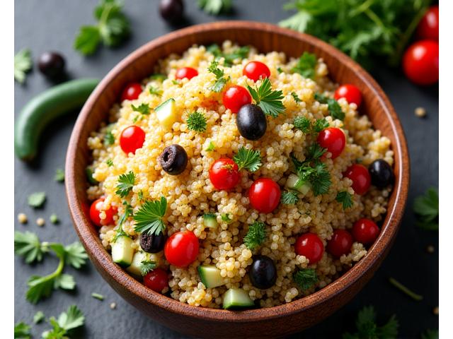 A vibrant quinoa salad with bell peppers, cucumber, cherry tomatoes, and fresh herbs in a large bowl.