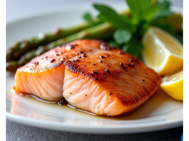Pan-seared salmon with roasted asparagus and lemon wedges.