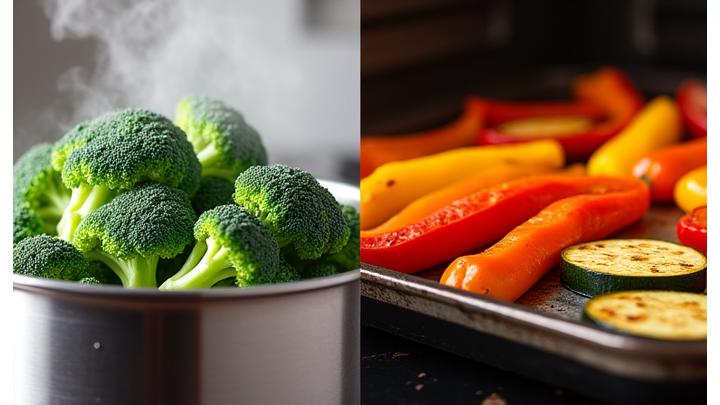 Fresh broccoli steaming in a pot and vibrant bell peppers roasting in an oven tray, illustrating healthy cooking methods.