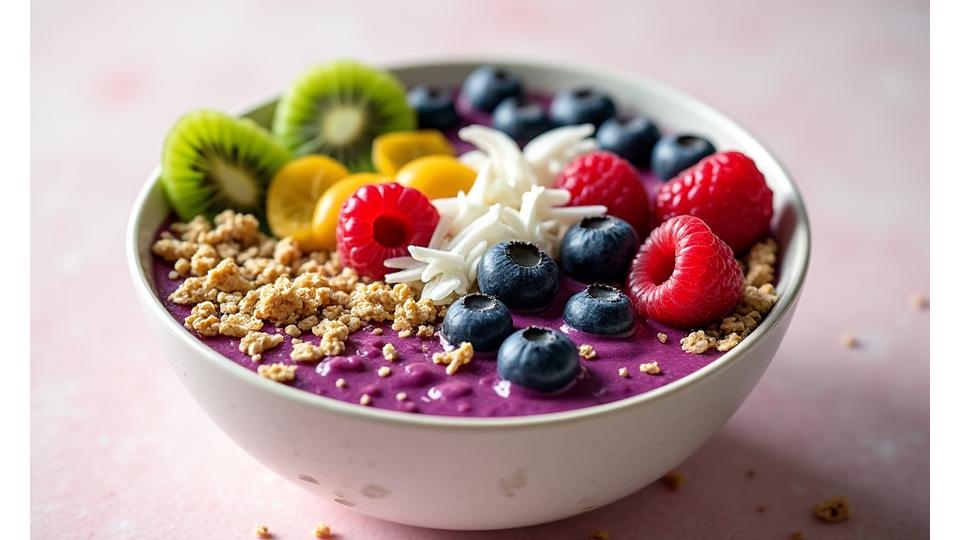 A beautifully arranged superfood breakfast bowl with colorful fruits, nuts, seeds, and granola on a vibrant base.