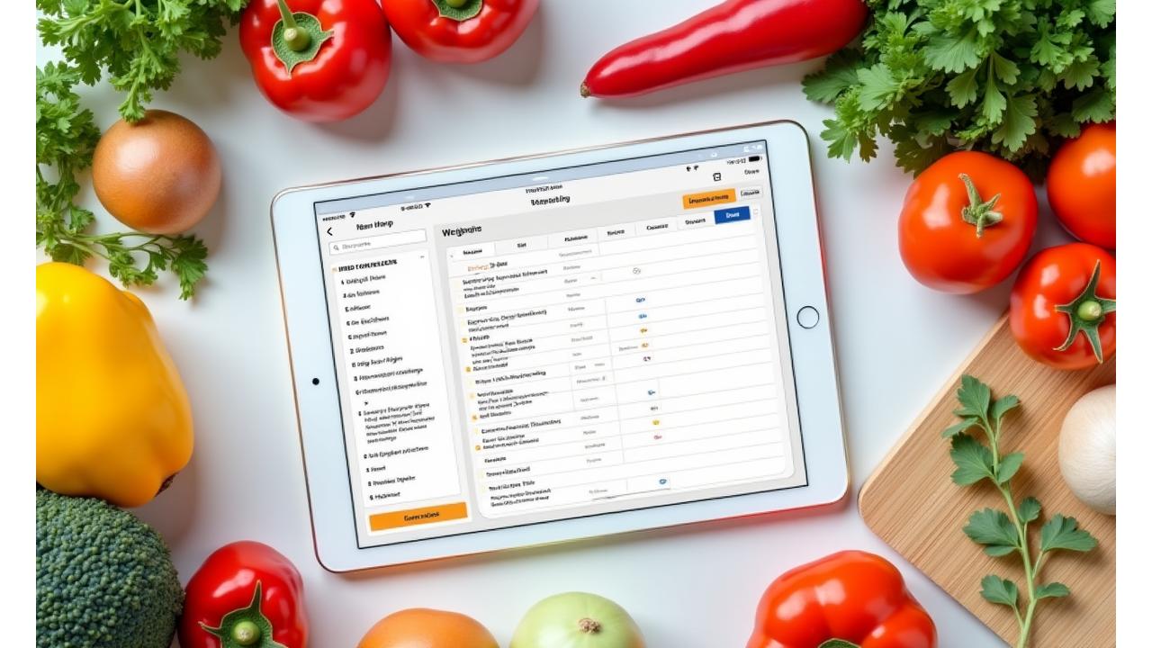 A tablet displaying the Recipe Hive AI meal planning interface with a colorful weekly menu and shopping list, surrounded by fresh ingredients.