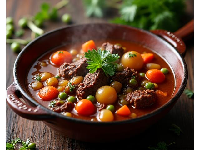 A rustic bowl of hearty beef stew with vegetables
