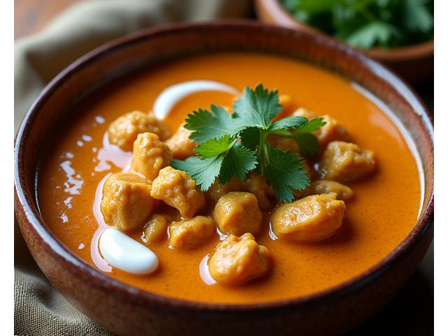 A vibrant bowl of creamy chicken curry with rice