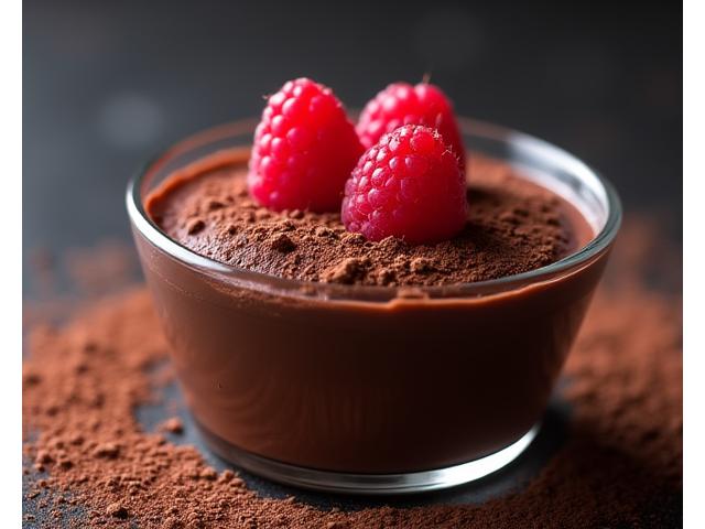 Rich, dark chocolate mousse garnished with raspberries