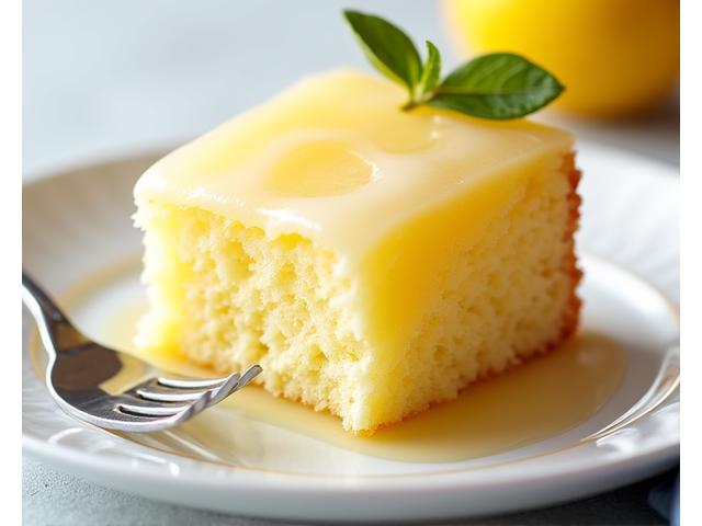 A slice of moist lemon drizzle cake with a fork