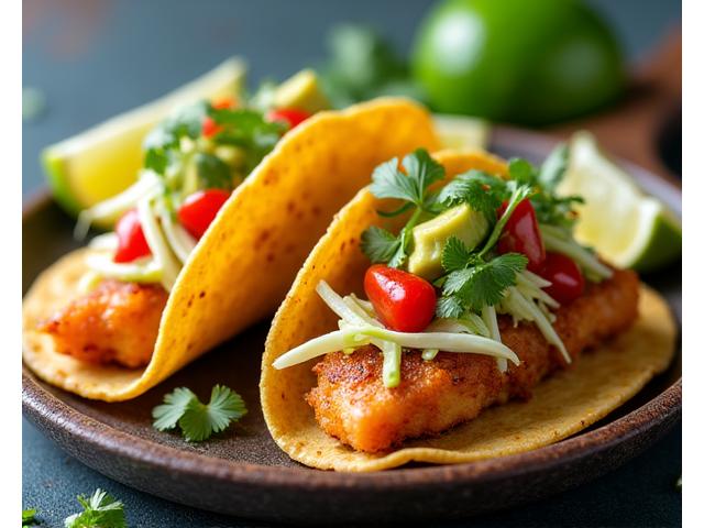 Crispy fish tacos with colorful toppings and lime wedges