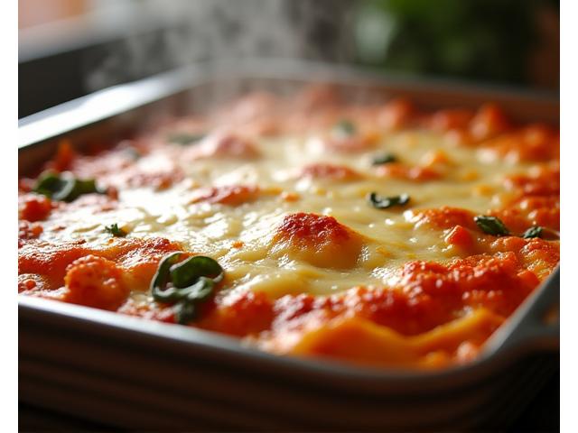 A bubbling dish of vegetarian lasagna with cheese on top