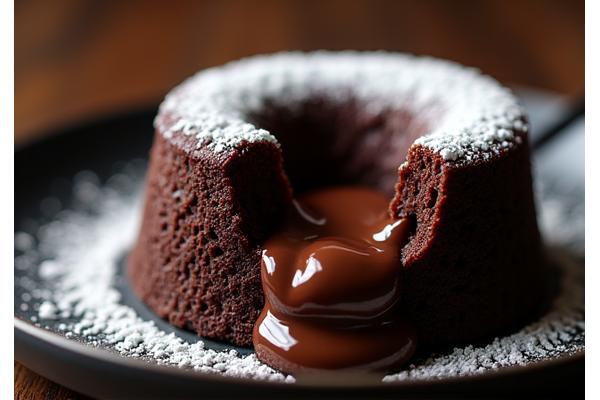 A decadent chocolate lava cake with melted center and powdered sugar